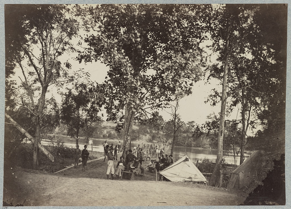 Pontoon bridge across the James River at Deep Bottom, Virginia, photographed during the Civil War