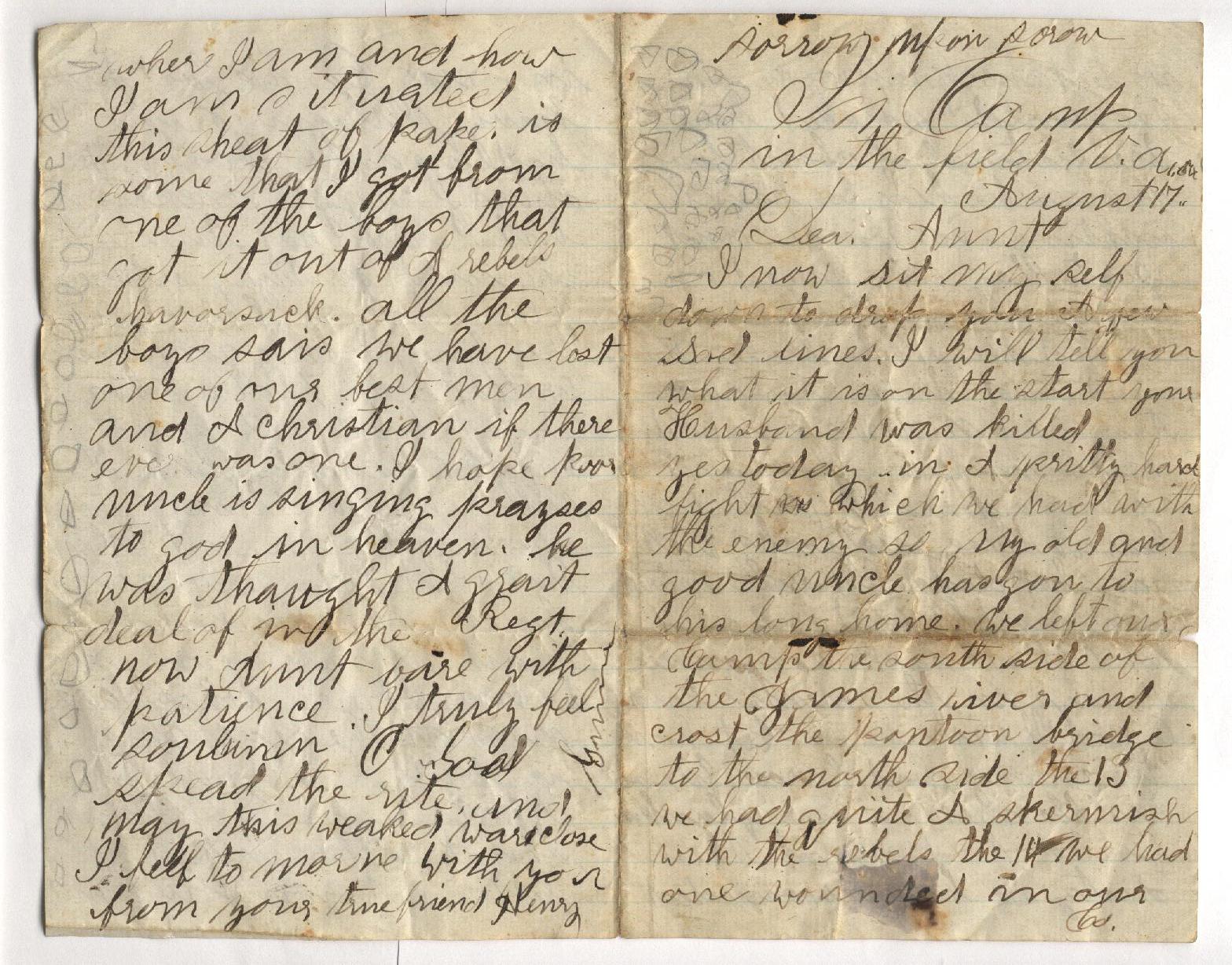Manuscript letter from Henry H. Gunn to his Aunt Rhoda, August 17, 1864 — pages 1 and 4