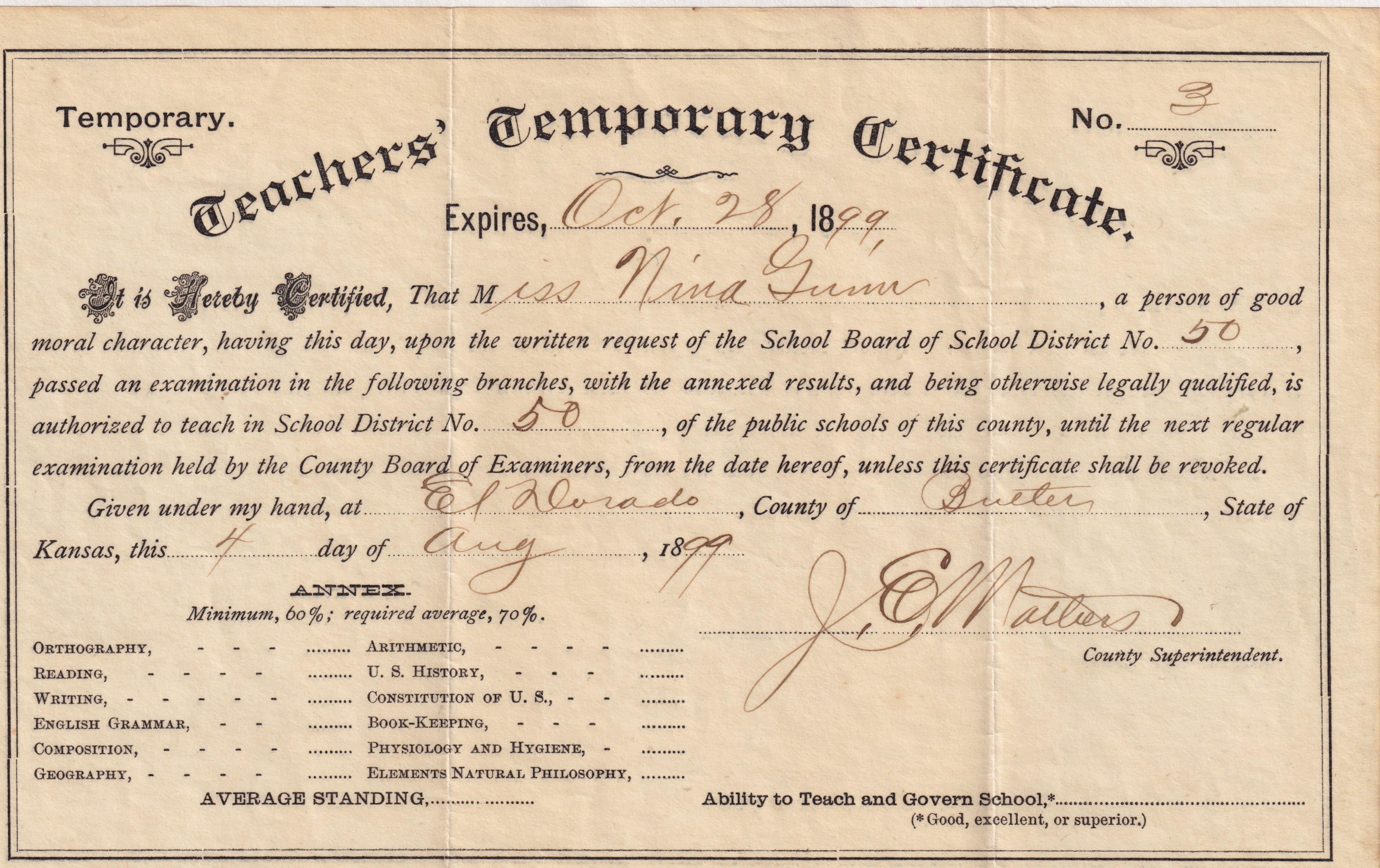 Nina Gunn's 1899 teaching certificate