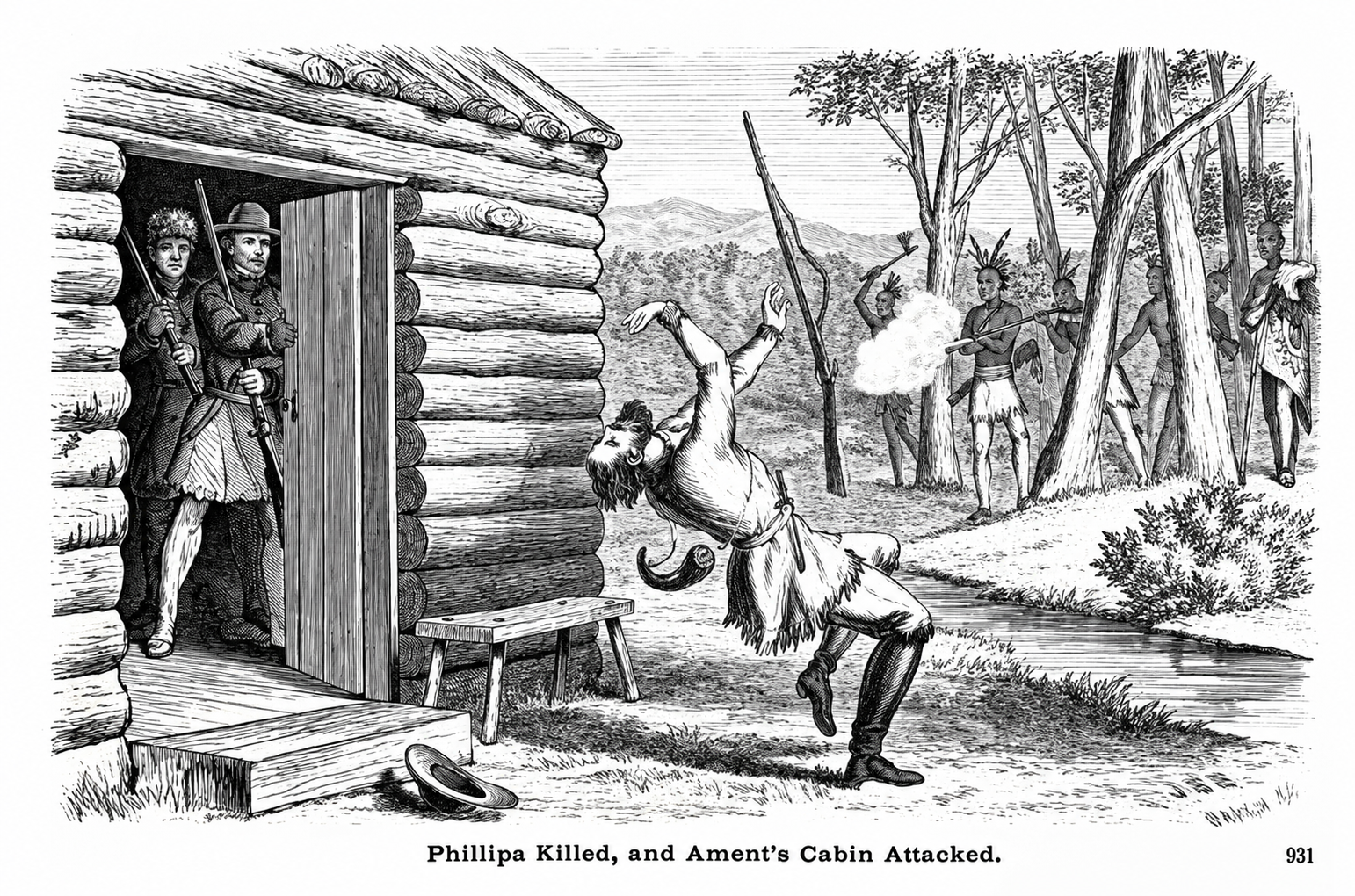 Engraving of Phillips falling after being shot outside Ament's cabin, with two armed men in the doorway and a group of warriors in the trees beyond.